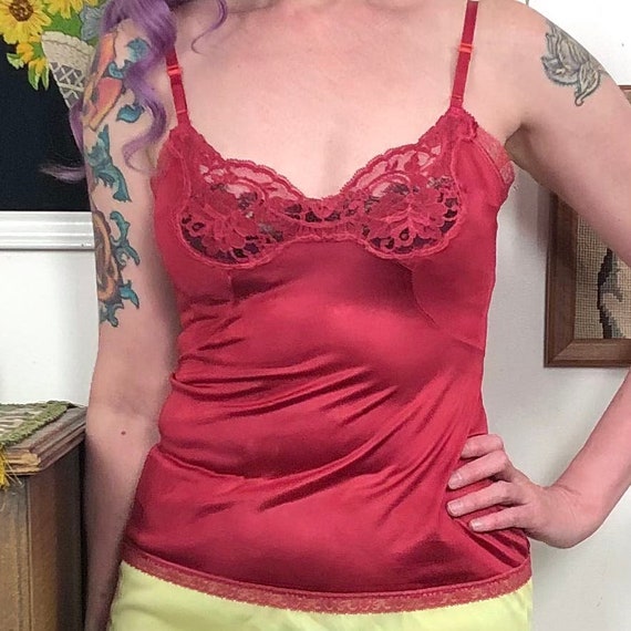 Vintage Dark Coral Camisole Top, 1970s Hand Dyed L