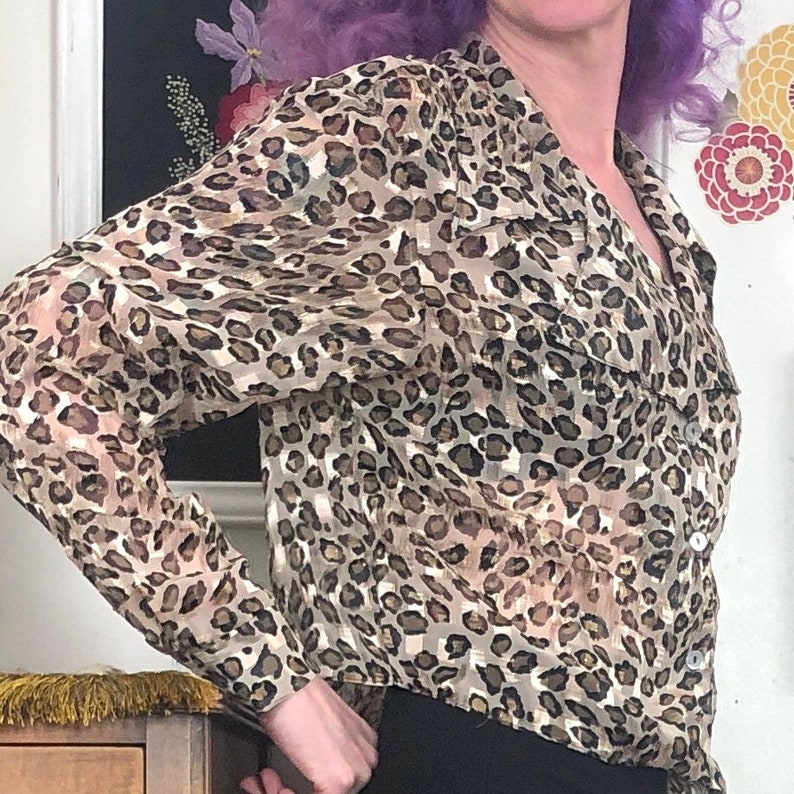 Vintage Leopard Print Blouse, Sheer Cropped Long Sleeve Top with Tie Waist and Wide Collar, 1980s Glam Rock Fashion by Gantos image 6