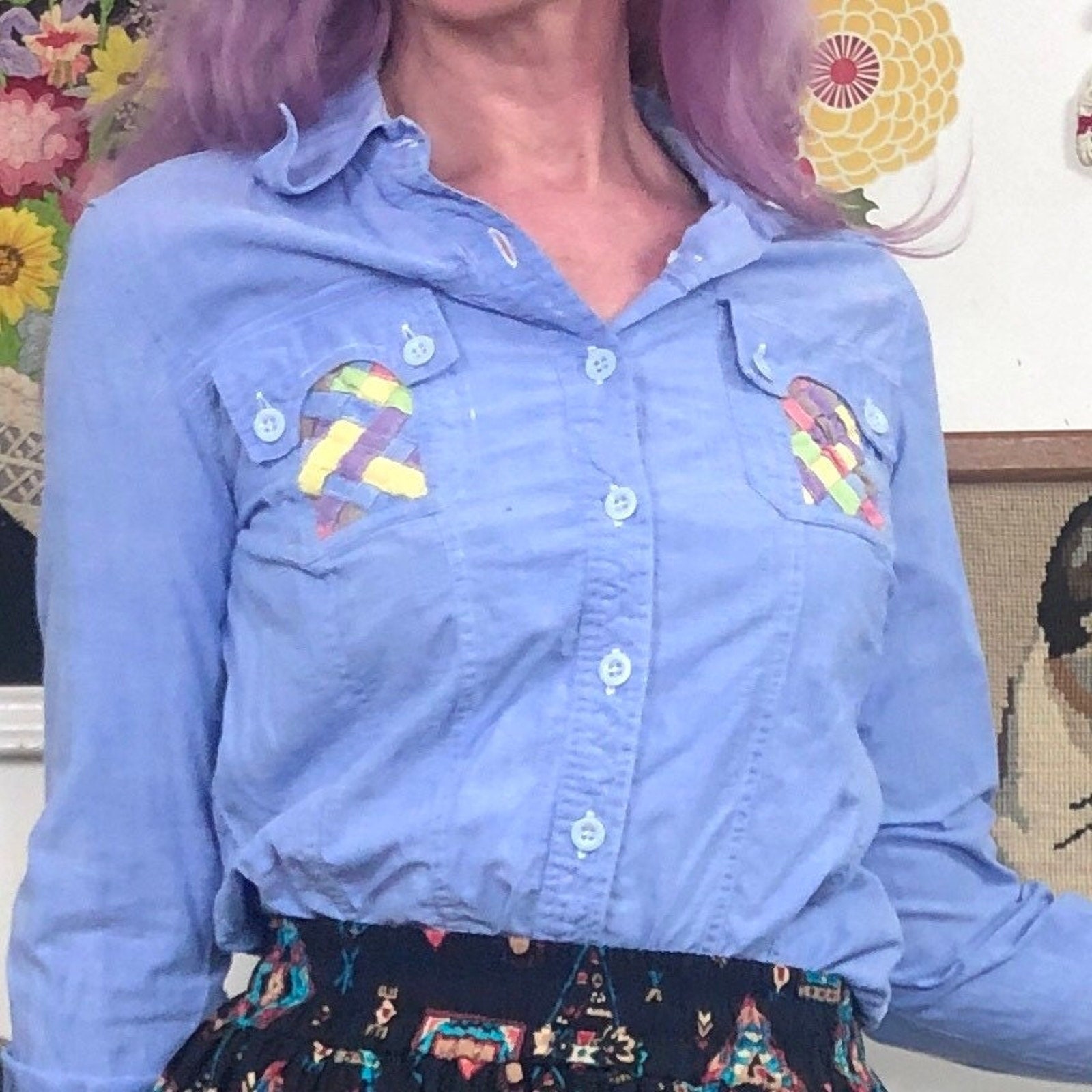 Vintage Chambray Shirt With Patchwork Pockets, 1970s Western
