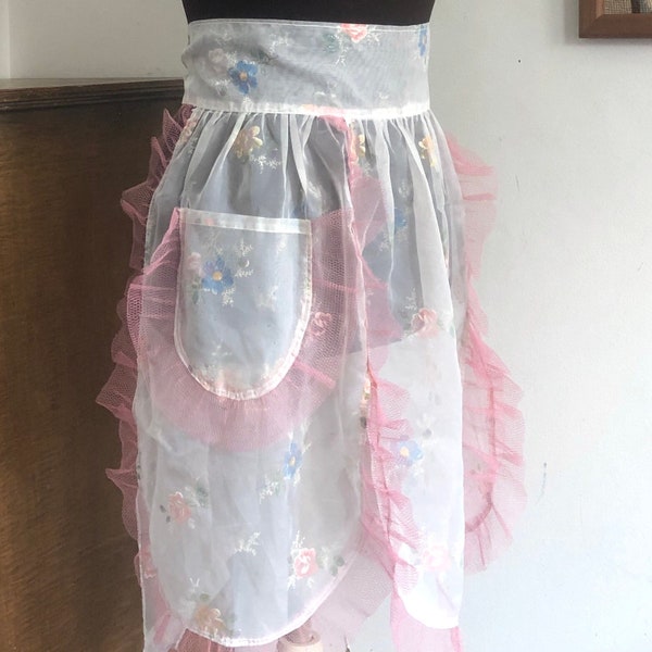 Vintage Sheer Apron, 1950s Half Apron with Flocked Flowers and Tulle Trim, Mid Century Housewife