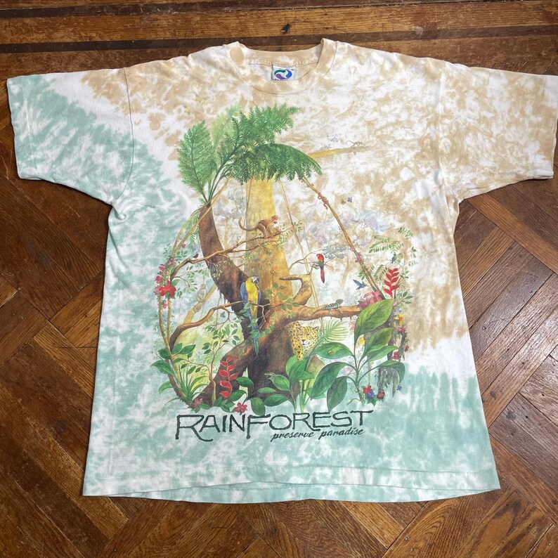 Vintage Liquid Blue Rainforest Preserve Paradise T-Shirt, 1990s Tie Dye Tee XL immagine 5
