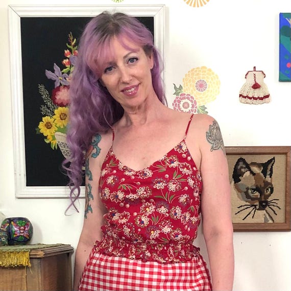 Vintage Floral Crop Top, y2k Red Flower Print Cam… - image 1