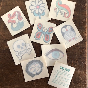Vintage Temporary Tattoos, 1970s Transfer Tattoos In Groovy Hippie Designs Skull Daisy Butterfly Mermaid Owl Eye Monster