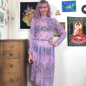Vintage Sheer Lavender Secretary Dress, 1970s Purple Stripe Cherry Blossom Print Dress Sz M