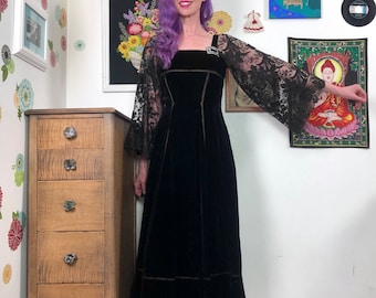 Vintage Black Velvet Evening Gown, 1960s Dress with Sheer Lace Bell Sleeves, Size S