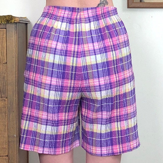 Vintage Pastel Plaid Seersucker Shorts, 1990s Ber… - image 7