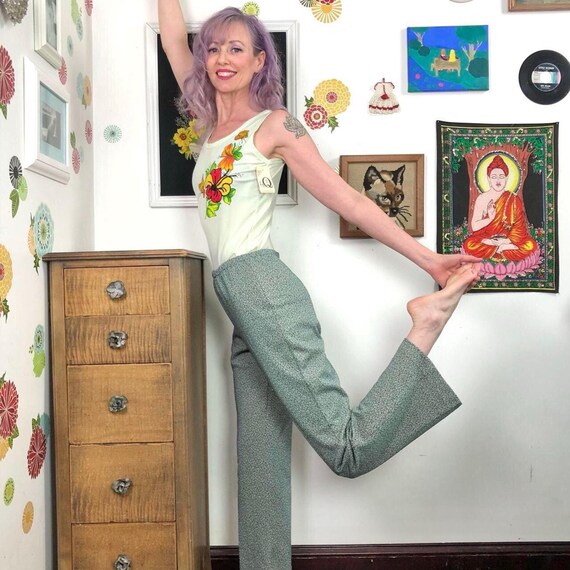 Vintage Polyester Pull-On Pants, 1970s Green Twee… - image 3