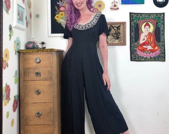 Vintage Wide Leg Jumpsuit, 1990s Black Rayon Jumpsuit with White Lace Collar, Sz M