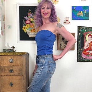 Vintage Blue Tube Top, 1970s T-Shirt Tube Top Sz S-M image 10