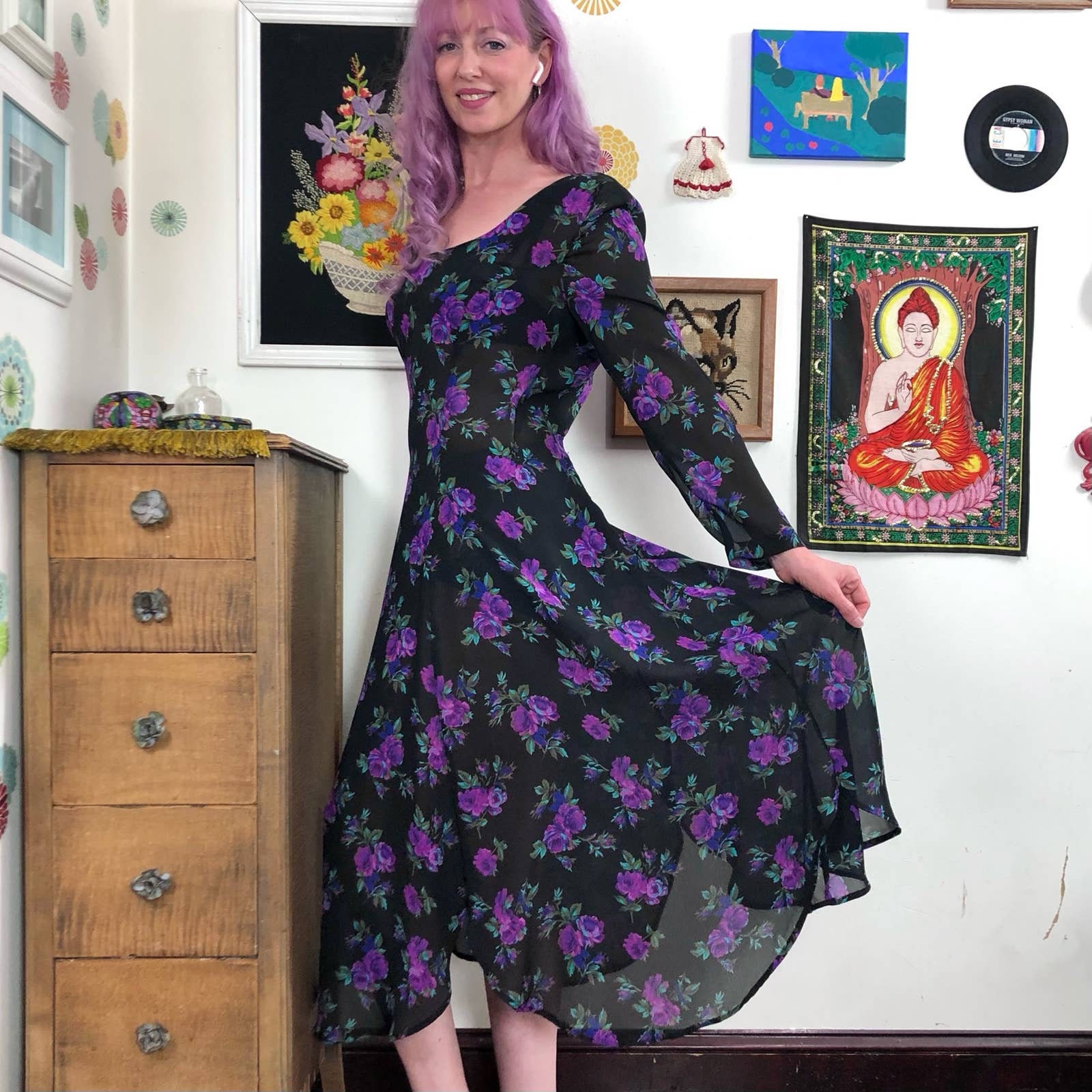 Vintage Floral Georgette Dress, 1980s Sz M Bohemian Punk Vintage Floral Georgette Dress, 1980s Sz M Bohemian Punk