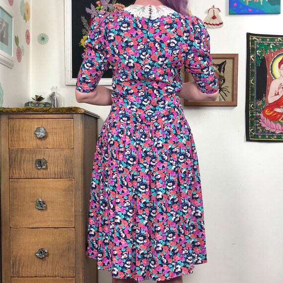 Vintage Floral Dropped Waist Dress, 1980s Cottage… - image 7