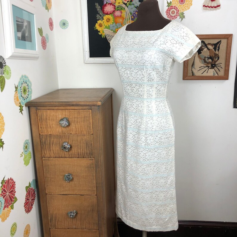 Jonathan Logan Dress Vintage White Eyelet Lace with Baby Blue Ribbon Accents 1960s Dress Size Small