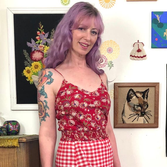 Vintage Floral Crop Top, y2k Red Flower Print Cam… - image 10