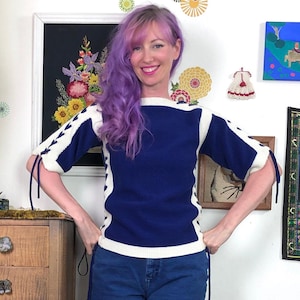 Vintage Nautical Sweater, 1970s Blue & White Laced Boat Neck and Sleeves, Sz M