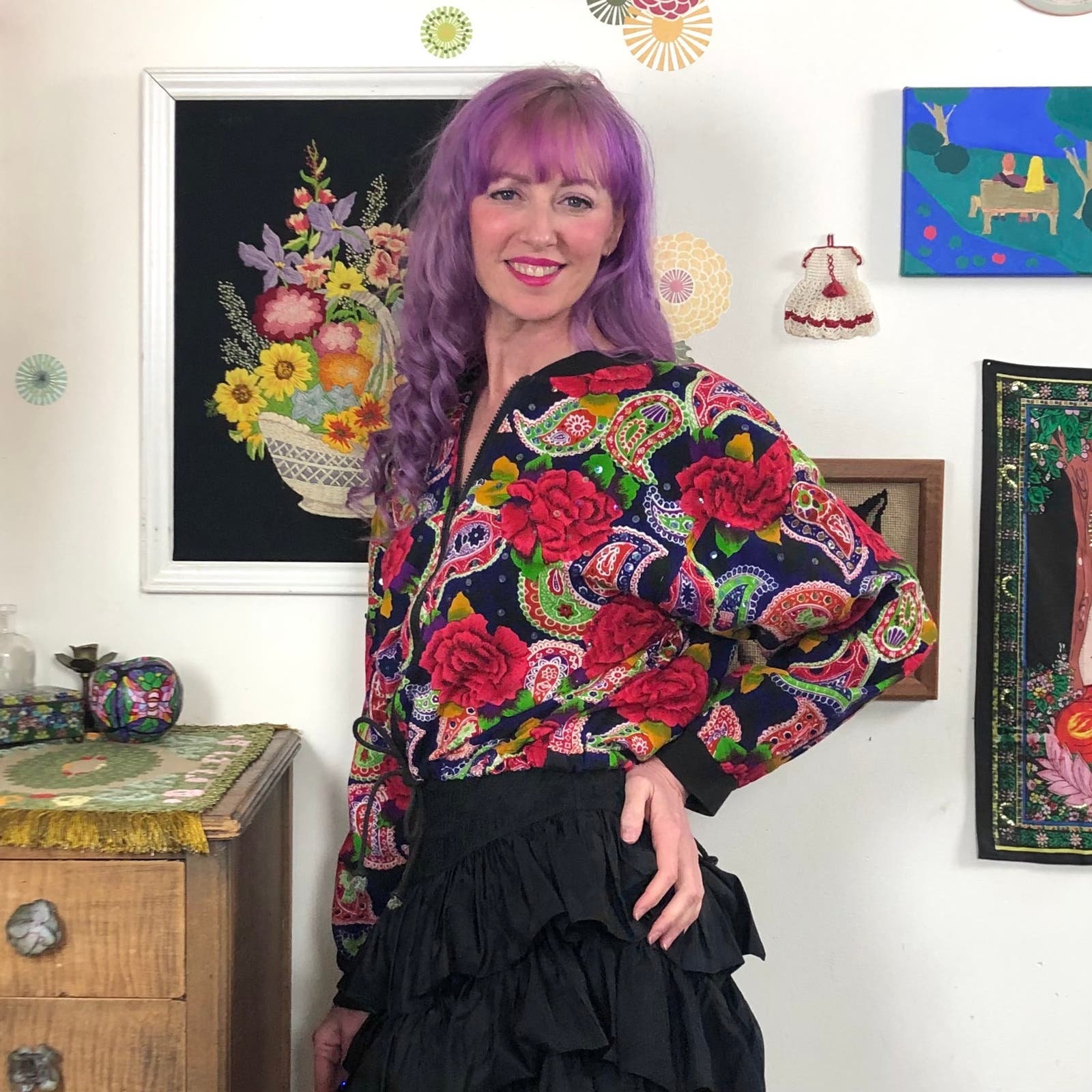 Vintage Floral Bomber Jacket, 1990s Bohemian Cotton Flower Print