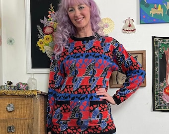 Vintage Red, Black & Blue Sweater, 1980s Abstract Metallic Graphic Pullover Sz M