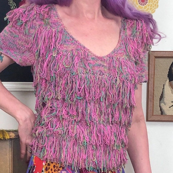 Vintage Fringe Sweater, 1970s Hand Knit Pink Arts… - image 5