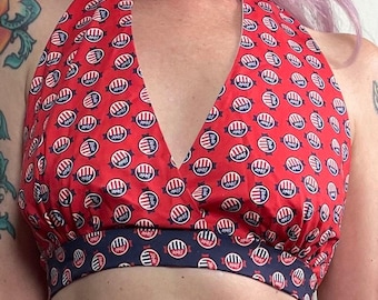 Vintage VOTE Print Halter Top, 1970s Red & Blue Crop Top Sz S-L Handmade