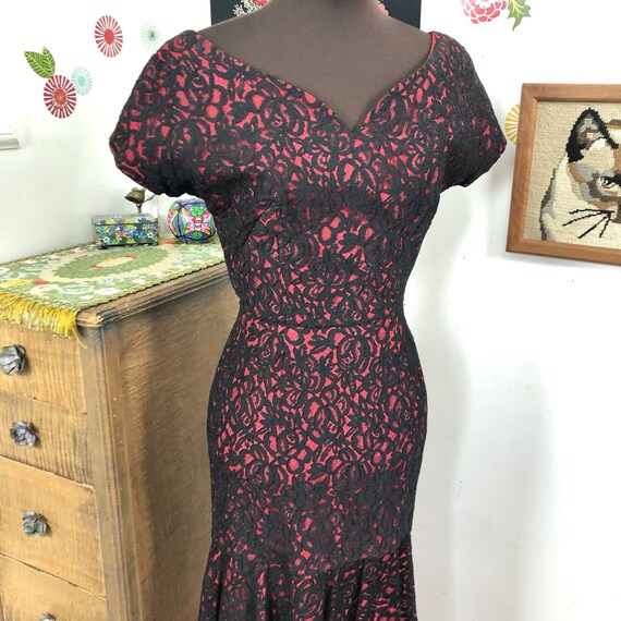 Vintage Cocktail Dress, 1960s Red & Black Lace Wi… - image 6