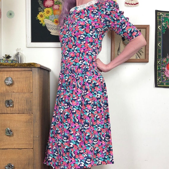 Vintage Floral Dropped Waist Dress, 1980s Cottage… - image 8