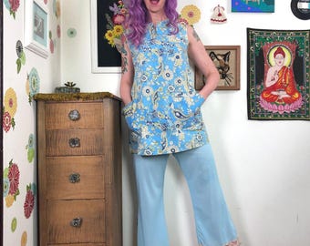 Vintage Nylon Aqua Pajama Pants, 1960s High Waist, Wide Leg, Lace Hem, Size S-M