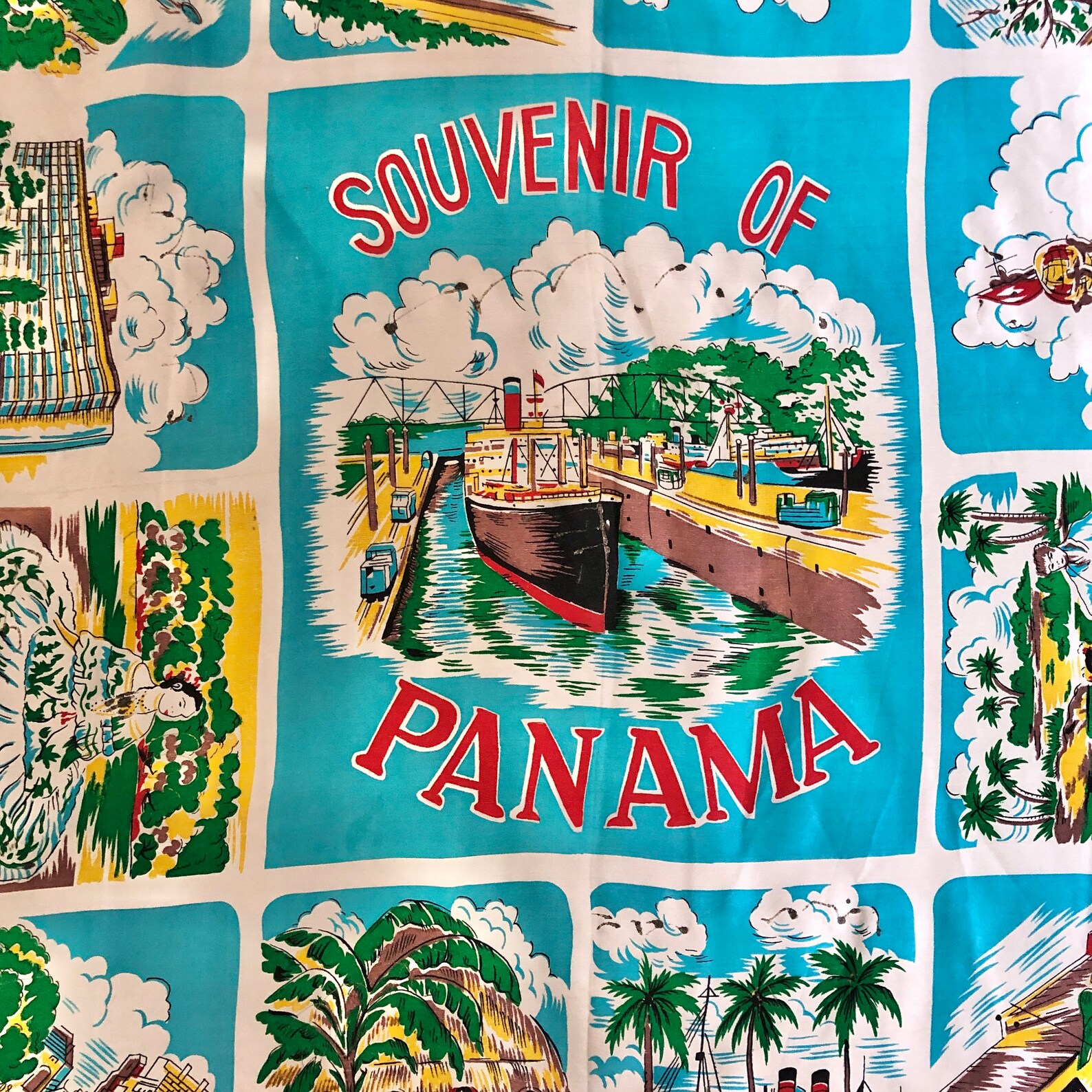 Vintage Panama Souvenir Scarf 1950s Novelty Print Scarf for Etsy