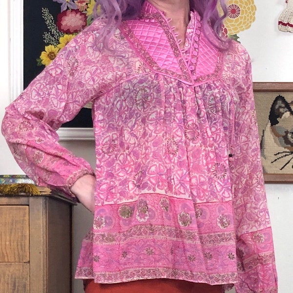 Vintage Cotton Gauze Blouse, 1970s Star of India Block Print Tissue Thin Top Size M