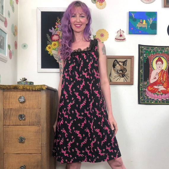 Vintage Black Floral Babydoll Nightgown, Lace and Sat… Gem