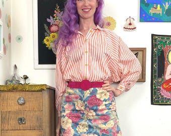 Vintage Pink Floral Denim Mini Skirt, 1980s 1990s Flower Print Mini, Size S