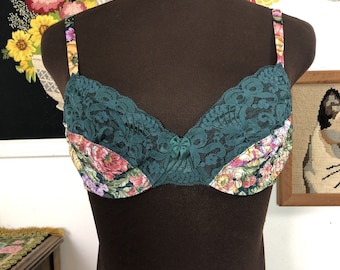 Vintage Victoria’s Secret Bra, Green Floral Unlined Underwire 34B, Gold Label