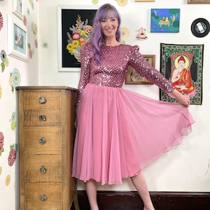 Vintage Pink Sequin Party Dress, 1980s Sequined Cocktail Dress Sz S