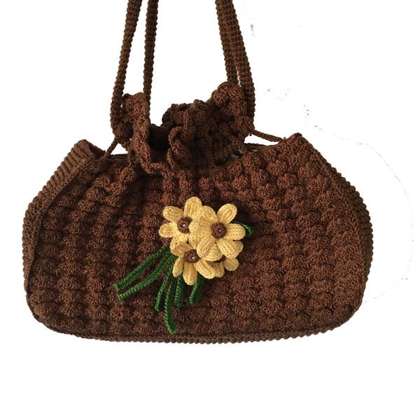 Vintage Corde Purse, Brown Crochet Handbag with Wired Flowers, Drawstring with Puckered Popcorn Knit and Fully Lined