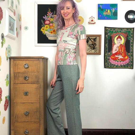 Vintage Polyester Pull-On Pants, 1970s Green Twee… - image 4