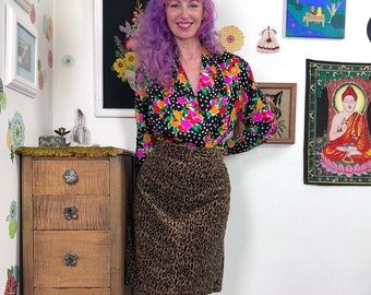 Vintage Leopard Print Mini Skirt, 1990s Corduroy Skirt by Kikit Jeans, Size 14 -16