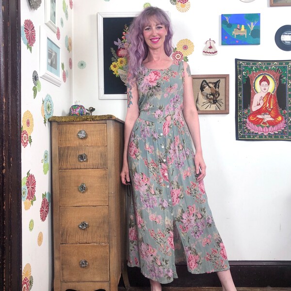 Vintage Floral Tank Dress, 1990s Crinkle Rayon Dress with Button Front Skirt, By Bila, Size L