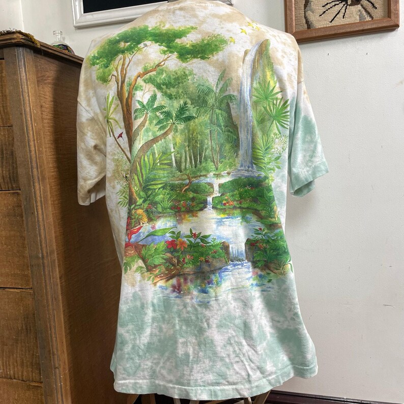 Vintage Liquid Blue Rainforest Preserve Paradise T-Shirt, 1990s Tie Dye Tee XL immagine 3