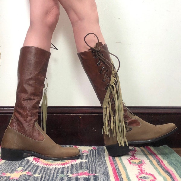 Vintage Leather Fringe Boots, 1970s Tall Lace Up Hippie Boots, Western / Southwestern Style Womens Sz 10, Mens 9