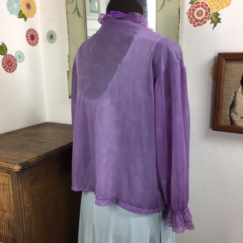Hand Dyed Pajama Top Vintage Bed Jacket Semi Sheer Pajama Jacket Mid Century Lingerie Pin Up Girl Style Lavender Night Top