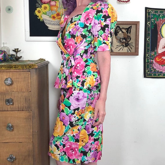 Vintage Floral Peplum Dress, 1980s Cotton Flower … - image 8