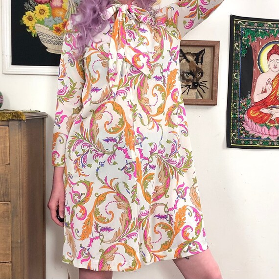 Vintage Groovy Print House Dress, 1960s Neon Feat… - image 5