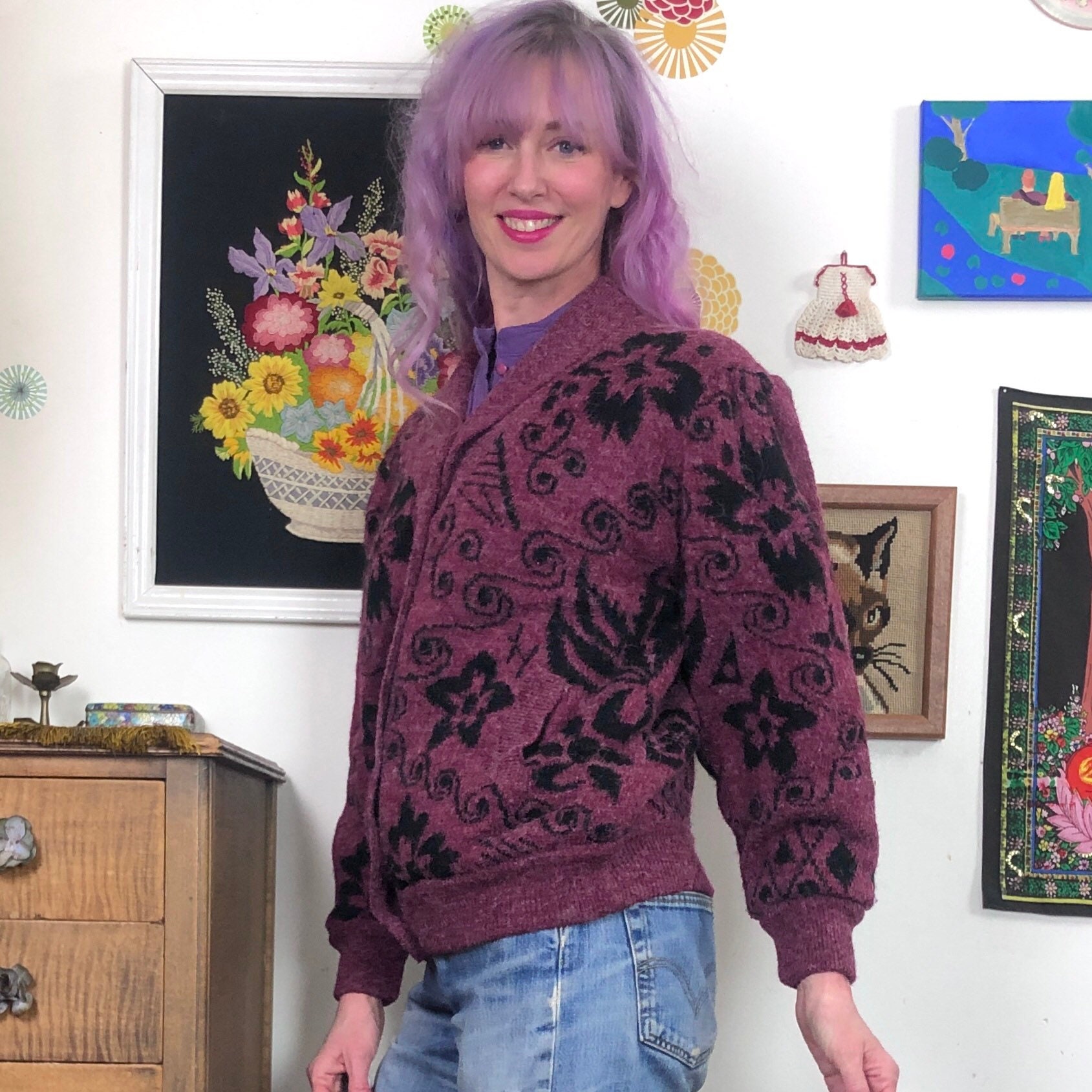 Vintage Quilted Sweater Coat, 1980s Purple & Black Flower