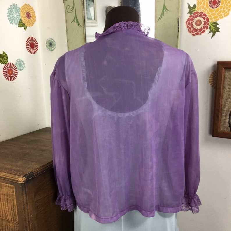 Hand Dyed Pajama Top Vintage Bed Jacket Semi Sheer Pajama Jacket Mid Century Lingerie Pin Up Girl Style Lavender Night Top