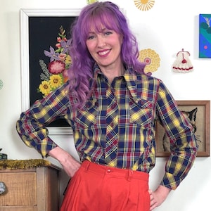 Camisa vintage a cuadros, años 70, cuello de daga, cuadros azules, amarillos y rojos, talla M