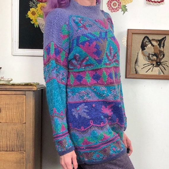 Vintage Cottagecore Sweater, 1990s Hand Knit Flor… - image 6