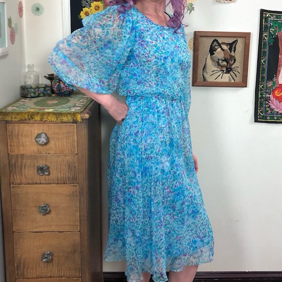 Vintage Blue Floral Chiffon Dress, 1960s Nat Kapl… - image 7