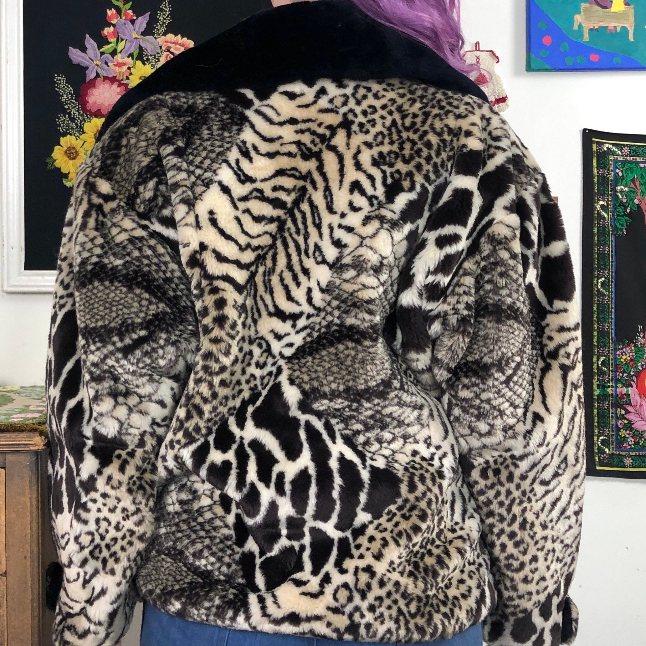 Vintage Leopard Print Teddy Coat, Moto Style Jacket With Zip