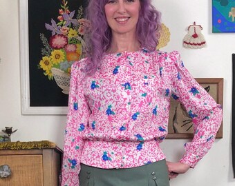 Vintage Pink Floral Secretary Blouse, 1980s Bohemian Peplum Top by Nicola, Sz M