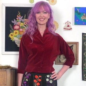 Vintage Velvet Blazer, 1950s Red Velvet Jacket with High Lapel and Cropped Fitted Waist, Sz S