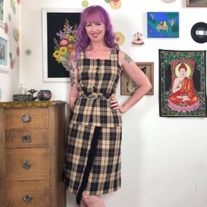 Vintage Brown Tartan Plaid Suit, 1970s Skirt & Vest Style Top, Sz S