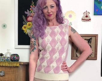 Vintage Acrylic Knit Sweater Vest, Lavender and Cream Sleeveless Top Size S-L